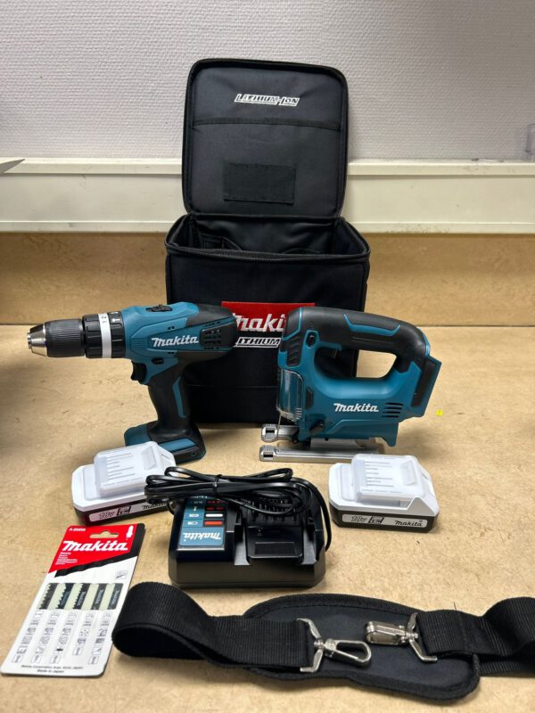 Makita combiset -Klopboor-/Schroefmachine + Accu Decoupeerzaag - + Tas - 2 accu's - Afbeelding 6