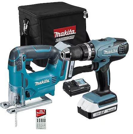 Makita combiset -Klopboor-/Schroefmachine + Accu Decoupeerzaag - + Tas - accu's - Outlethaltwente.nl - altijd iets te bieden!