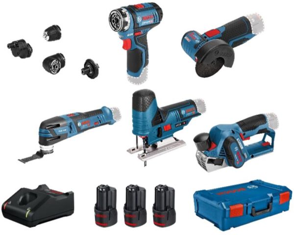 Bosch 5 Toolkit 12V - accuboor + haakse slijper + decoupeerzaag + schaafmachine + multitool 12V 2 x 2.0Ah/1 x 3.0A
