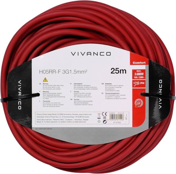 Vivanco Verlengkabel 25 m - rood - zwart - voor veilig gebruik buitenshuis