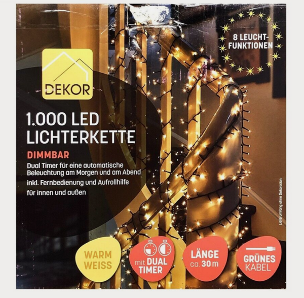 Lichtketting 1000 LED's voor binnen- en buitengebruik, warm wit, 30 m, IP44