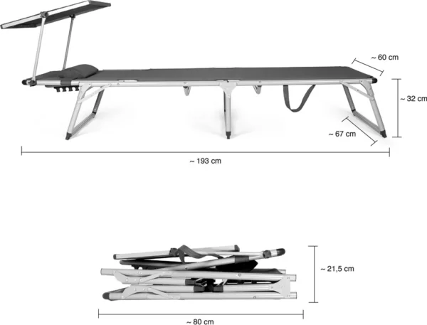 Opvouwbare Ligstoel met Verstelbaar Zonnescherm en Hoofdkussen – Aluminium Strandbed – 193 cm - Afbeelding 2