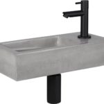Differnz Jukon Fonteinset - Wasbak Beton - Lichtgrijs - Rechte Kraan - Mat Zwart - Standaard Greep - 38.5 x 18.5 x 9 cm