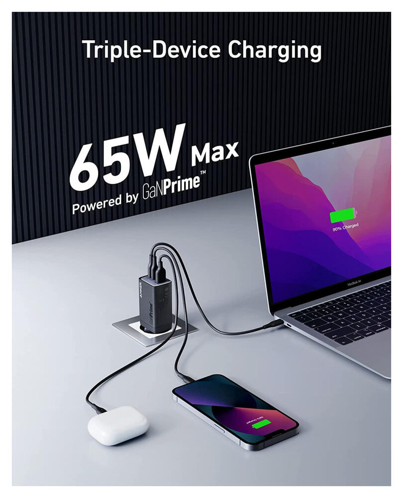 Anker 735 GaNPrime (65W) Fast Charge USB-C en USB-A Adapter Zwart - Afbeelding 4