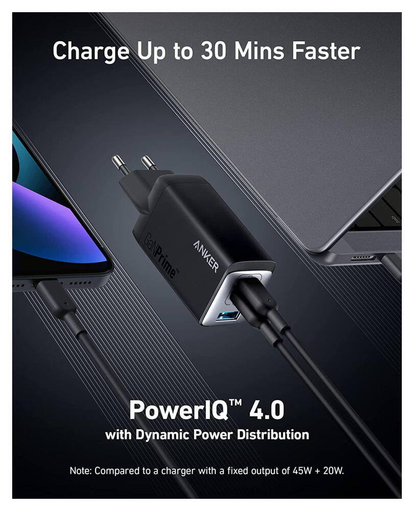 Anker 735 GaNPrime (65W) Fast Charge USB-C en USB-A Adapter Zwart - Afbeelding 3