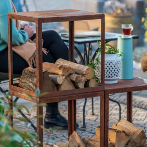RedFire – Hodr – Handmade- Bruin - Staal – Houtopslag - Stapelbaar- Staaldikte 3mm - Geroeste schaal - 50 x 40 x 50 cm (L x B x H)