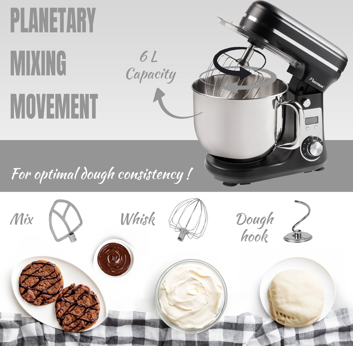 Bestron Keukenmachine - AKM2000BL - 65dB - 6 snelheden & turbomodus - 6L capaciteit - Zwart - Afbeelding 4