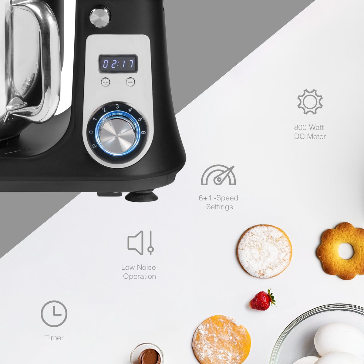 Bestron Keukenmachine - AKM2000BL - 65dB - 6 snelheden & turbomodus - 6L capaciteit - Zwart - Afbeelding 5