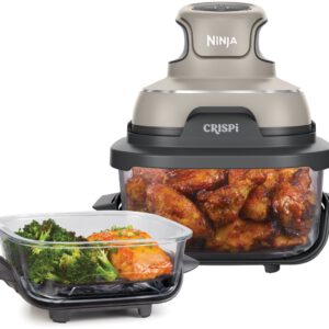 Ninja CRISPi 4-in-1 compact glazen kooksysteem - Airfryer, Roast, Recrisp, Keep Warm - Inclusief twee glazen schalen van 3.8L en 1.4L en bijpassende deksels - 2 Crisper-Plates - Grijs - FN101EUST