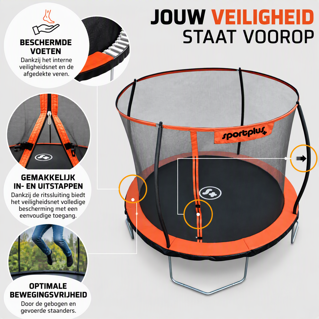 SportPlus Trampoline Ø305 cm Zwart/Oranje met Veiligheidsnet - Afbeelding 2