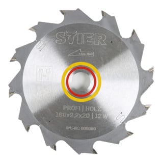 STIER cirkelzaagblad Profi Holz, 160 x 2,2 x 20mm, 20° Spanwinkel, 12 gehärtete Zähne, Wechselzahn